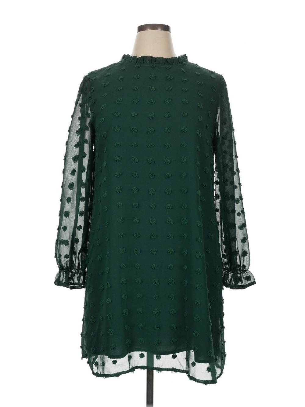 Emerald Green chiffon Textured Ruffle-Neck Long Sheer Sleeve Dress